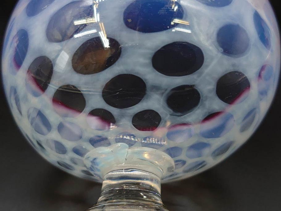 当時物　大正～昭和初期　碗型　乳白水玉　赤縁　手作りの温かみを感じる氷コップ2点セット(吹きガラス、グラス、硝子、和ガラス)(R-083140)
