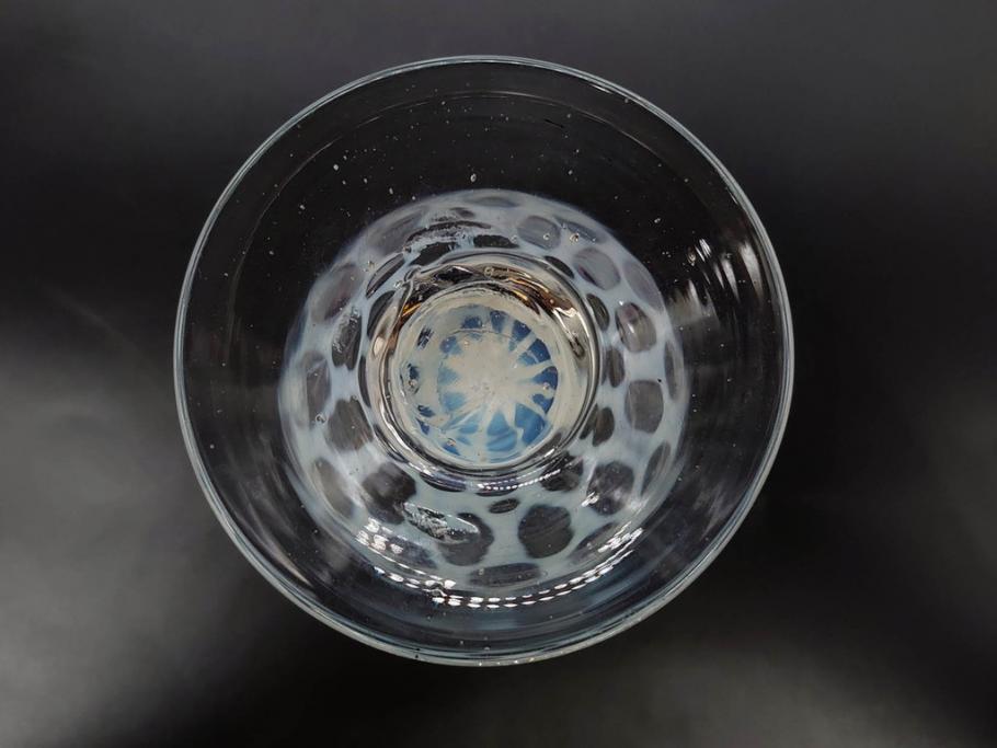 当時物　大正〜昭和初期　棗(なつめ)型　乳白水玉　優しい色合いに魅了される赤縁氷コップ2客セット(なつめ形、吹きガラス、硝子、グラス、和ガラス)(R-083141)