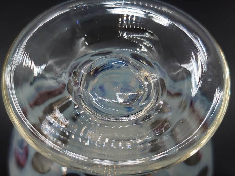 当時物　大正～昭和初期　碗型　乳白水玉　赤縁　日常に彩を与えてくれる氷コップ2客セット(吹きガラス、硝子、グラス、和ガラス)(R-083143)
