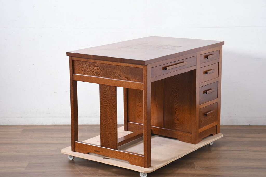 中古　超美品　Oak Village(オークヴィレッジ、オークビレッジ)　杢目の美しさが際立つ片袖机(片袖デスク、ワークデスク、在宅用、在宅ワーク用) (R-082648)