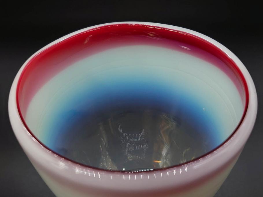 当時物　大正～昭和初期　棗型(なつめ形)　赤縁　緑縁　乳白ぼかし　空間のアクセントになる氷コップ3点セット(ベル型?、吹きガラス、硝子、グラス、和ガラス)(R-083278)