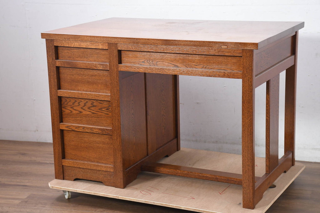 中古　超美品　Oak Village(オークヴィレッジ、オークビレッジ)　杢目の美しさが際立つ片袖机(片袖デスク、ワークデスク、在宅用、在宅ワーク用) (R-082648)