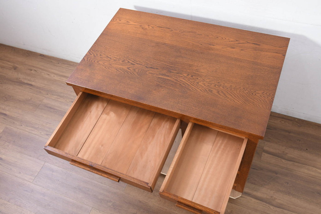 中古　超美品　Oak Village(オークヴィレッジ、オークビレッジ)　杢目の美しさが際立つ片袖机(片袖デスク、ワークデスク、在宅用、在宅ワーク用) (R-082648)