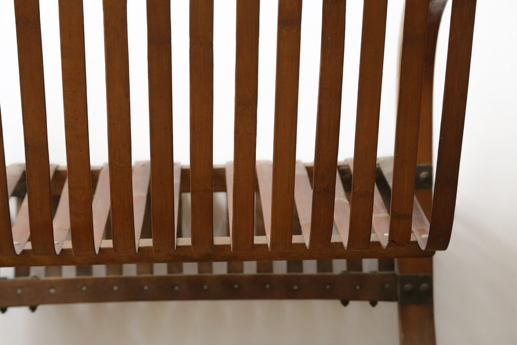 和製ビンテージ　激レア!　補強金具付き　竹興社　城所右文次　EMPRESS BAMBOO　PAT.NO.9520　サイン入り　滑らかな曲線のデザインが美しさと癒しを両立する博物館クラスのバンブーチェア(アームチェア、安楽椅子、イス、椅子、ヴィンテージ)(R-083152)