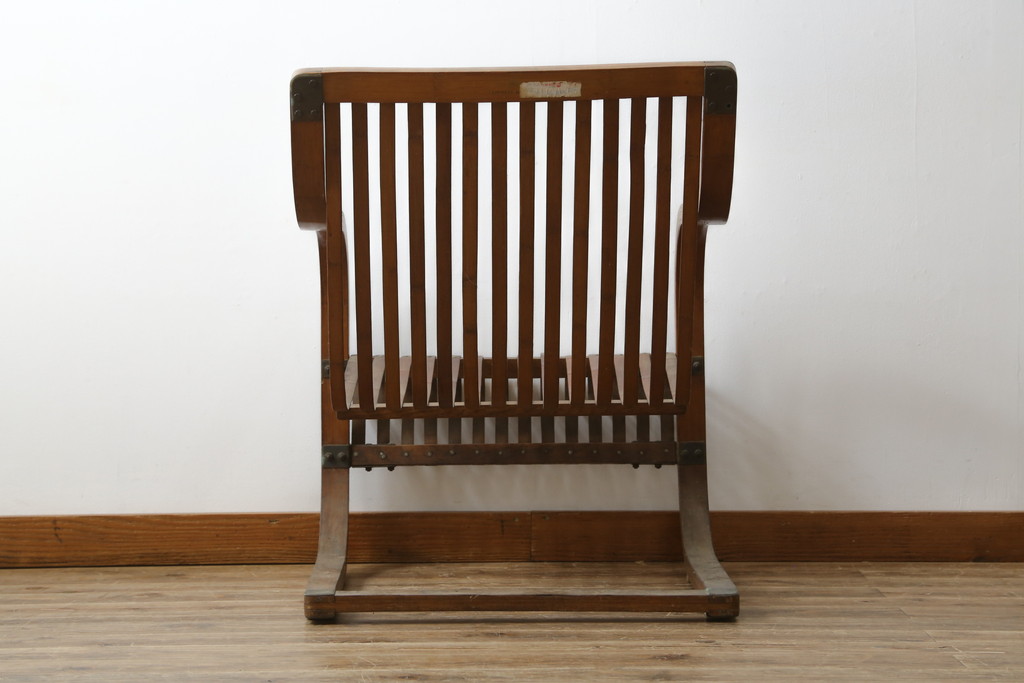 和製ビンテージ　激レア!　補強金具付き　竹興社　城所右文字　EMPRESS BAMBOO　PAT.NO.9520　サイン入り　滑らかな曲線のデザインが美しさと癒しを両立する博物館クラスのバンブーチェア(アームチェア、安楽椅子、イス、椅子、ヴィンテージ)(R-083153)