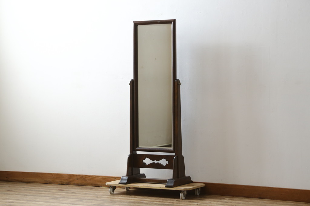 中古　美品　松本民芸家具　透かし彫りが上品なB型姿見(鏡、ミラー、置き鏡)(定価約10万円)(R-083165)