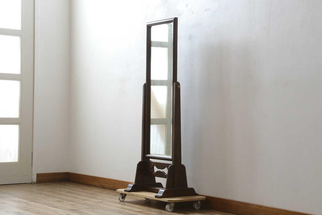 中古　美品　松本民芸家具　透かし彫りが上品なB型姿見(鏡、ミラー、置き鏡)(定価約10万円)(R-083165)