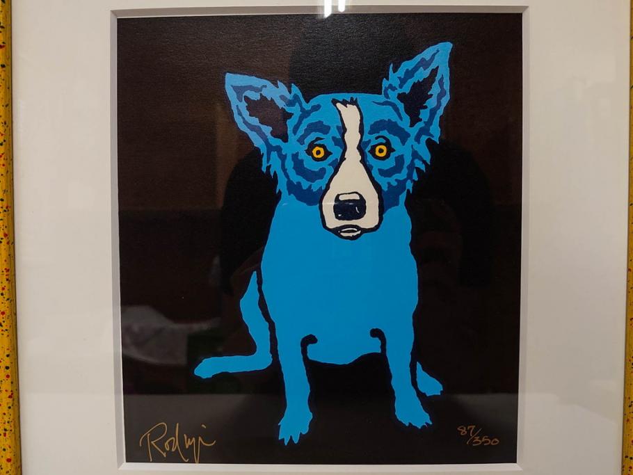 真作　ジョージ・ロドリーゲ　George Rodrigue　ブルードッグ　87/350　鮮やかな色彩と独特のタッチに惹きつけられるシルクスクリーン(絵画、版画、犬、サイン入り、額装)(R-083282)　