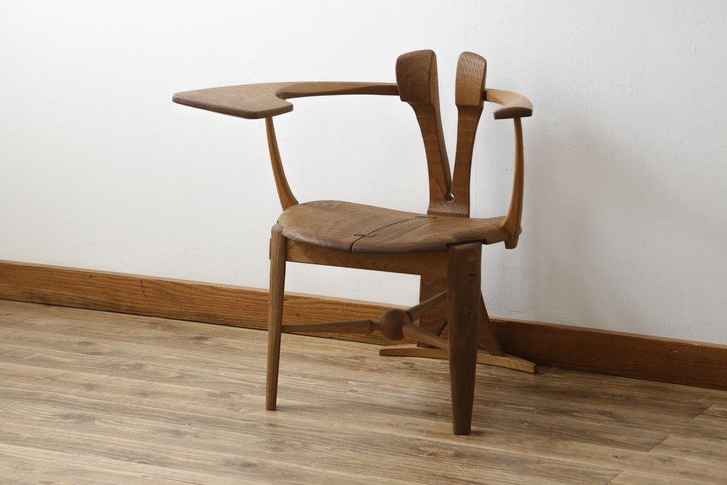 中古　美品　激レア　一点物!!　出展作品の可能性あり!!　木工作家　吉野崇裕　鉋跡仕上げ　美しい木目と力強い構造美が融合した唯一無二のアートチェア(ZEN チェア)(椅子、イス、アームチェア)(R-083151)
