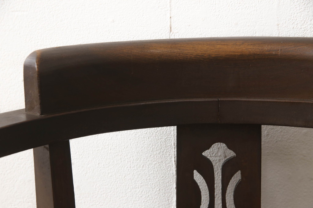和製アンティーク　ナラ(楢)材　大正ロマンの雰囲気溢れる透かし彫り入りの回転チェア(回転椅子、イス、ドクターチェア、アームチェア、オフィスチェア、デスクチェア)(R-068553)