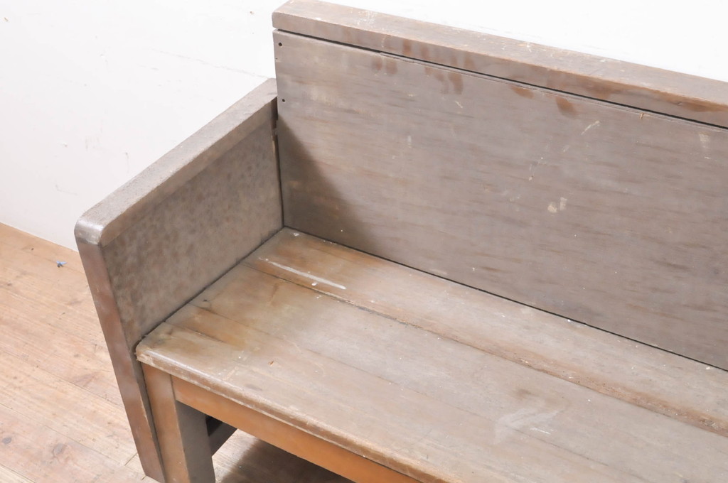 和製アンティーク　レトロな佇まいが魅力の木製ベンチ(長椅子、長イス、板座チェア、2人掛け、3人掛け)(R-066872)