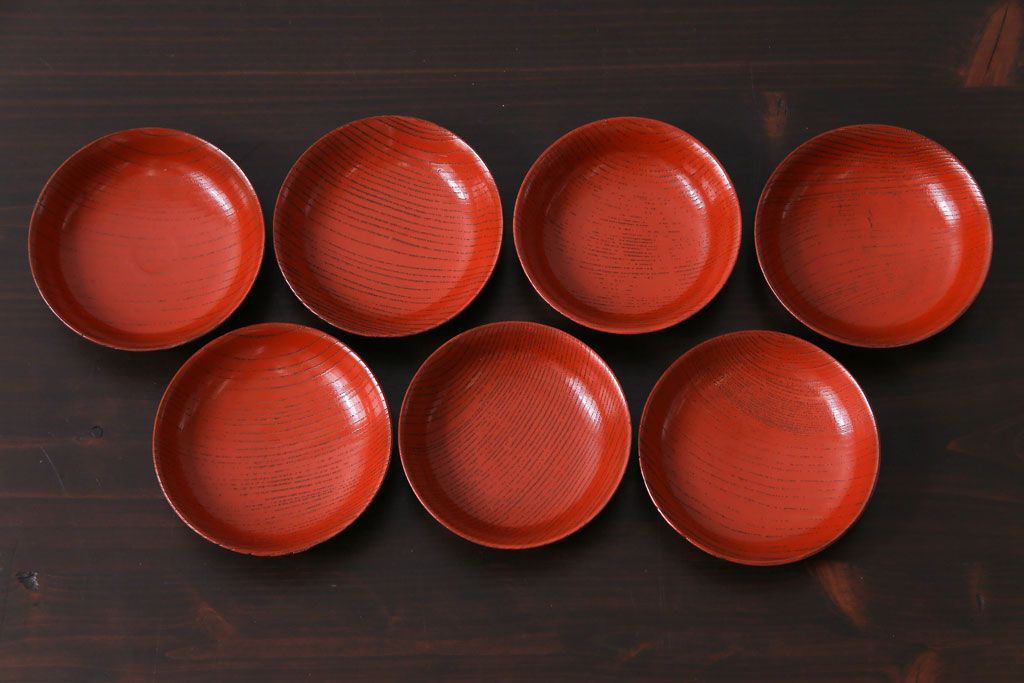 昭和初期　木目の流れが美しい掻き合わせ塗りの小皿7枚