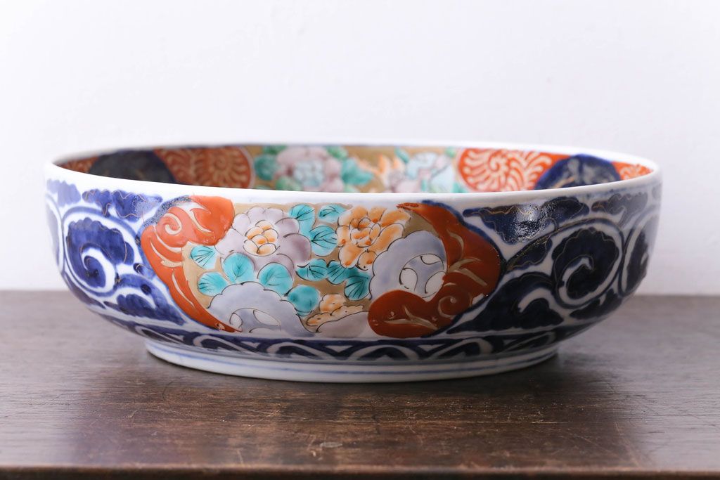 明治期　麒麟・獅子の図　色絵深鉢・大(深皿、和食器)