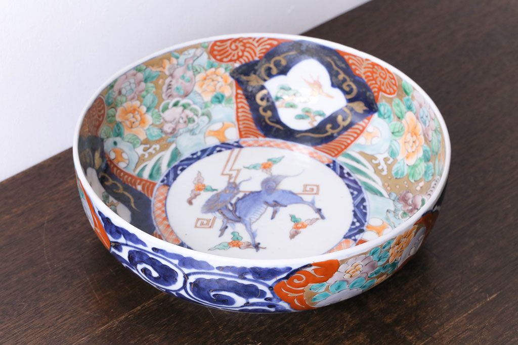 明治期　麒麟・獅子の図　色絵深鉢・大(深皿、和食器)