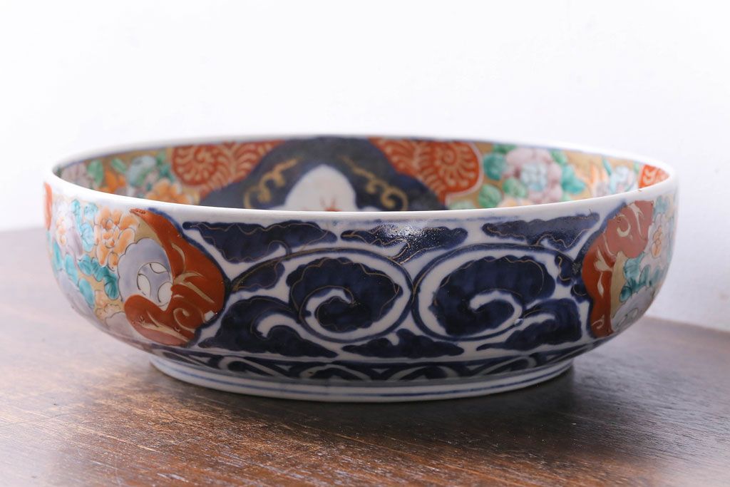 明治期　麒麟・獅子の図　色絵深鉢・大(深皿、和食器)