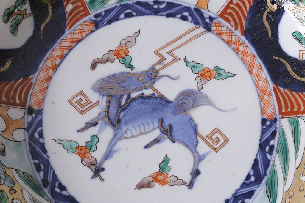 明治期　麒麟・獅子の図　色絵深鉢・大(深皿、和食器)