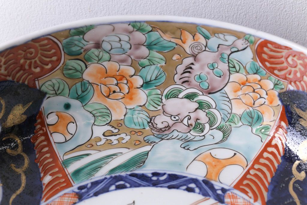 明治期　麒麟・獅子の図　色絵深鉢・大(深皿、和食器)
