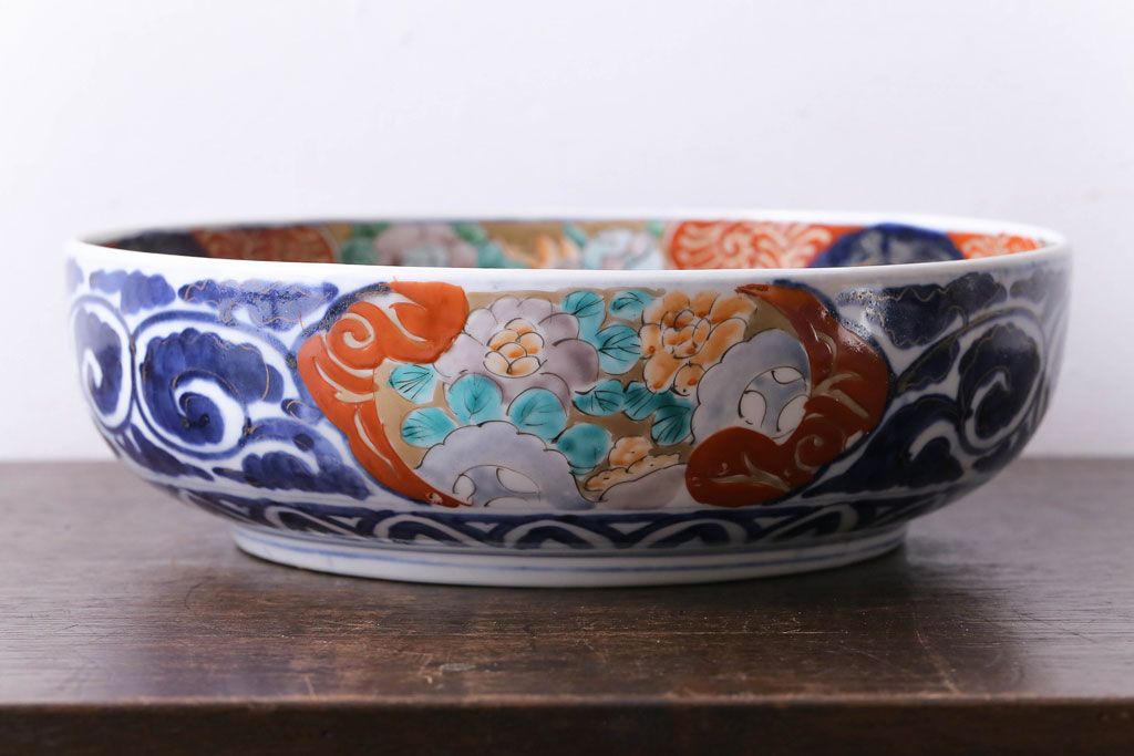 明治期　麒麟・獅子の図　色絵深鉢・大(深皿、和食器)