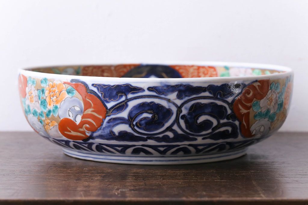明治期　麒麟・獅子の図　色絵深鉢・大(深皿、和食器)