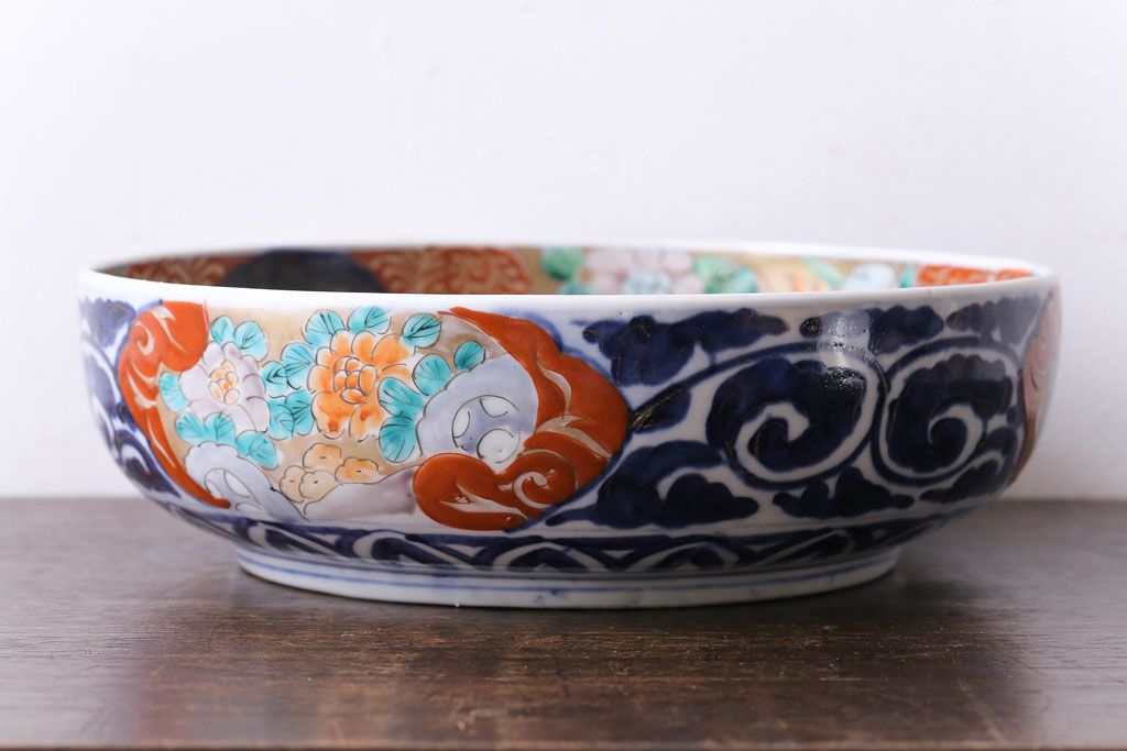 明治期　麒麟・獅子の図　色絵深鉢・大(深皿、和食器)