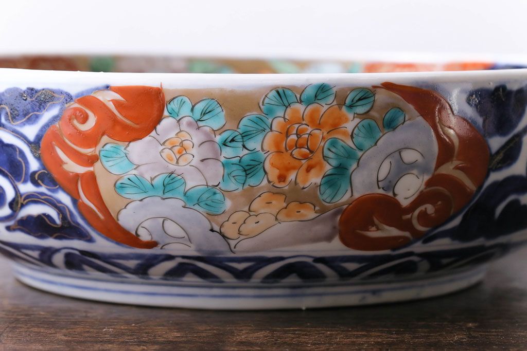 明治期　麒麟・獅子の図　色絵深鉢・大(深皿、和食器)