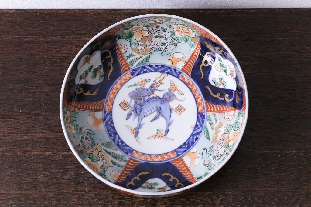 明治期　麒麟・獅子の図　色絵深鉢・小(深皿、和食器)