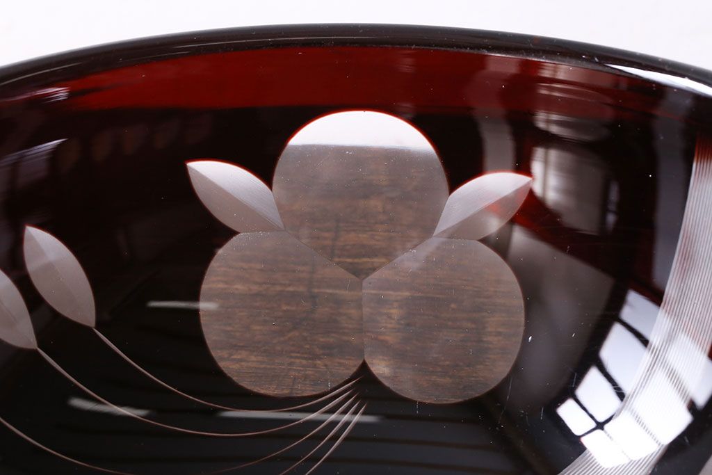アンティーク雑貨　アンティーク　赤被せ切子ガラス深鉢(サラダボウル、和食器)