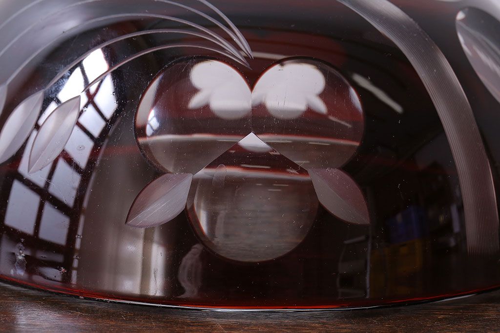 アンティーク雑貨　アンティーク　赤被せ切子ガラス深鉢(サラダボウル、和食器)