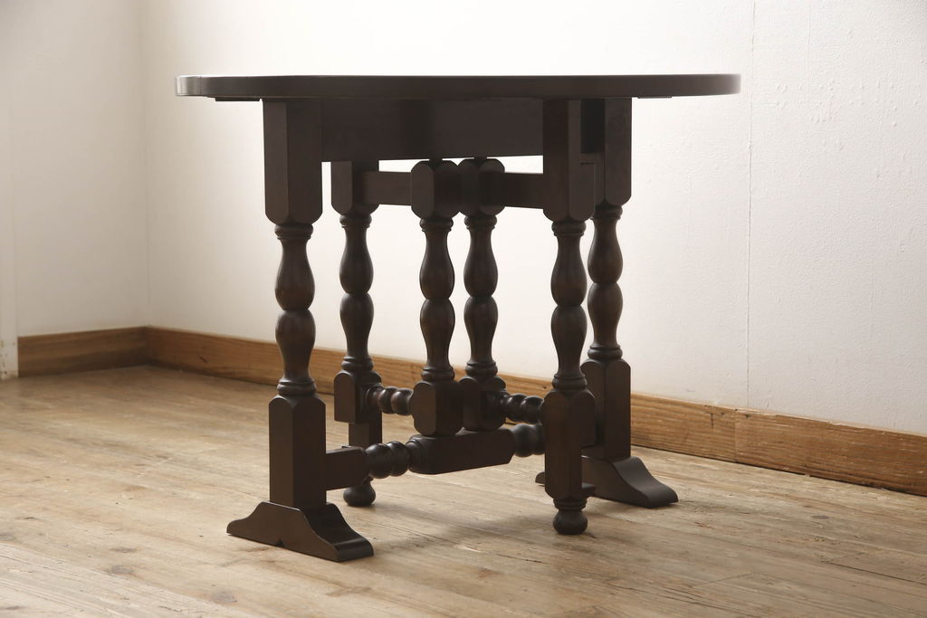 中古　松本民芸家具　脚のデザインがシックな#13型T・Fバタフライ卓(サイドテーブル、ラウンドテーブル、丸テーブル、ドロップリーフテーブル、カフェテーブル、コーヒーテーブル)(R-061708)