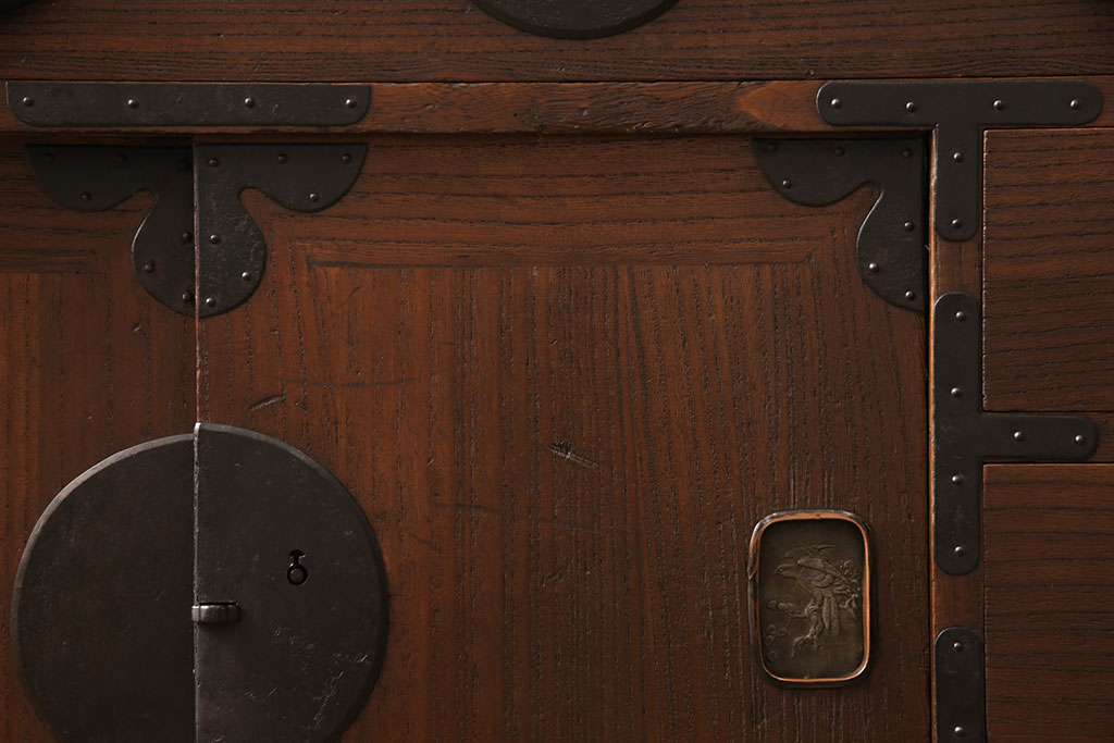 和製アンティーク　総桐材　丸い金具がユニークでかわいらしい帳場箪笥(時代箪笥、タンス、引き出し)(R-052675)