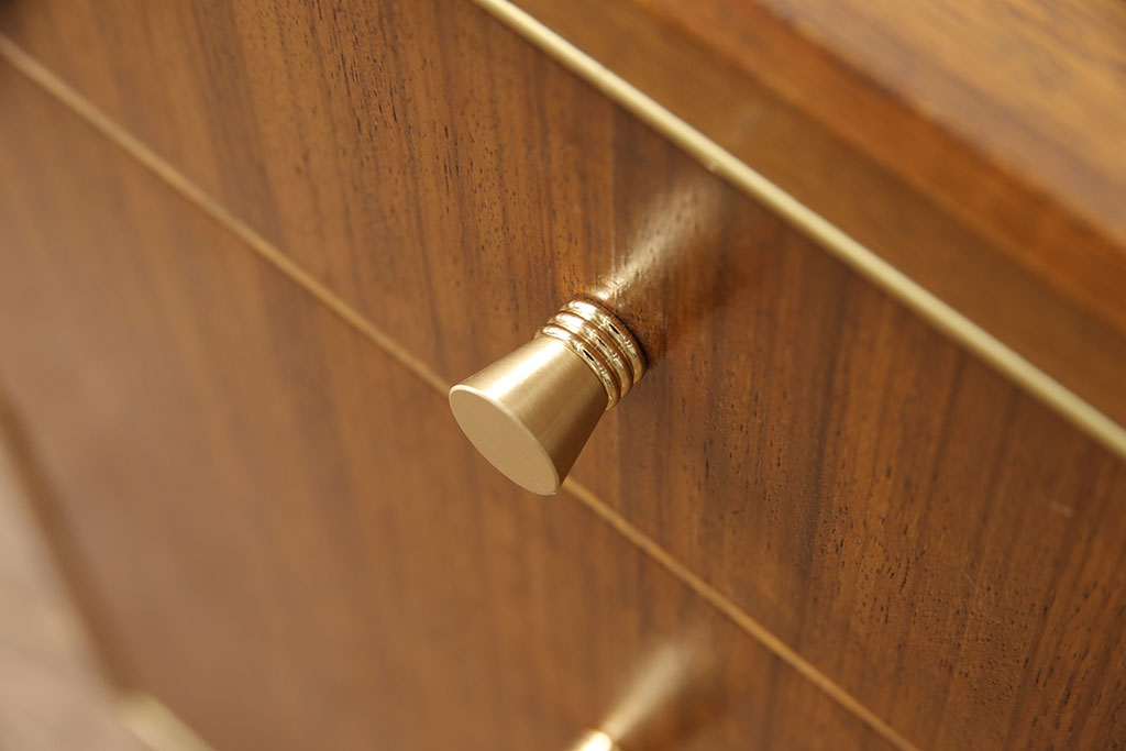イギリスヴィンテージ　トーラ材　真鍮の縁取りと引き手が気品を高めるシンプルなチェスト(引き出し、サイドボード、ビンテージ)(R-050204)