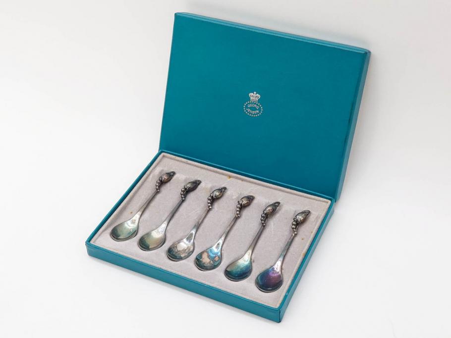 デンマーク　GEORG JENSEN(ジョージ・ジェンセン)　BLOSSOM(ブロッサム)　STERLING SILVER(スターリングシルバー)　総重量約58.34g　モカスプーン6本セット(カトラリー、SV925、銀製品、洋食器、箱付き)(R-083084)
