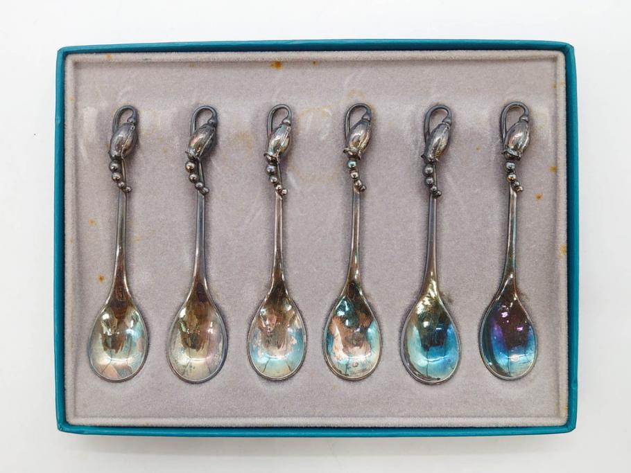 デンマーク　GEORG JENSEN(ジョージ・ジェンセン)　BLOSSOM(ブロッサム)　STERLING SILVER(スターリングシルバー)　総重量約58.34g　モカスプーン6本セット(カトラリー、SV925、銀製品、洋食器、箱付き)(R-083084)