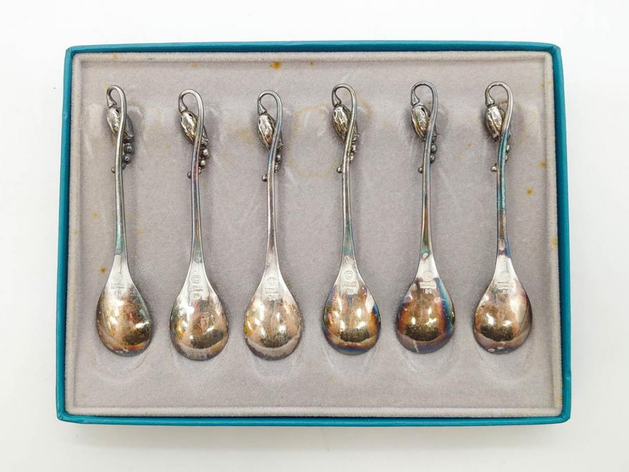 デンマーク　GEORG JENSEN(ジョージ・ジェンセン)　BLOSSOM(ブロッサム)　STERLING SILVER(スターリングシルバー)　総重量約58.34g　モカスプーン6本セット(カトラリー、SV925、銀製品、洋食器、箱付き)(R-083084)