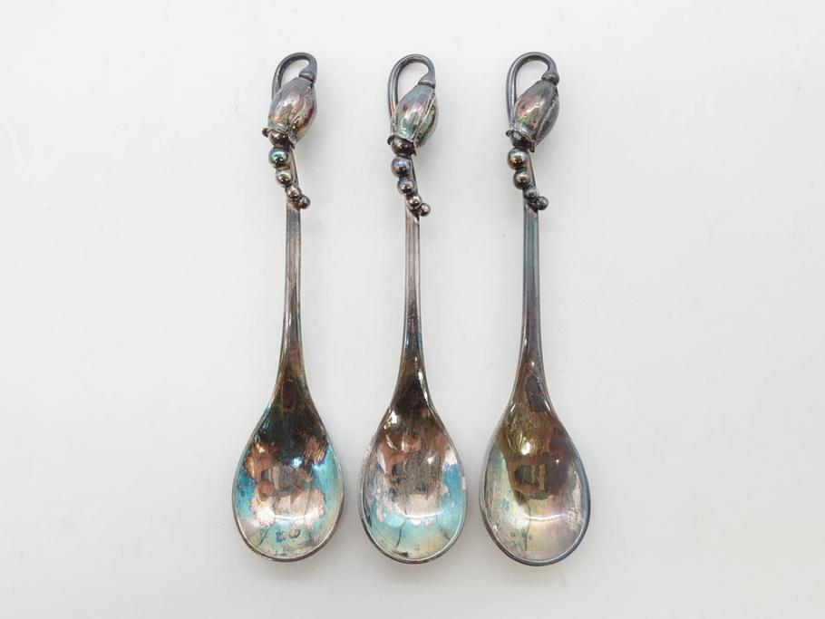 デンマーク　GEORG JENSEN(ジョージ・ジェンセン)　BLOSSOM(ブロッサム)　STERLING SILVER(スターリングシルバー)　総重量約58.34g　モカスプーン6本セット(カトラリー、SV925、銀製品、洋食器、箱付き)(R-083084)