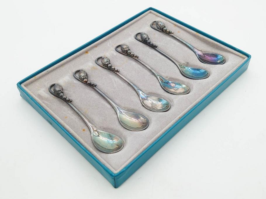 デンマーク　GEORG JENSEN(ジョージ・ジェンセン)　BLOSSOM(ブロッサム)　STERLING SILVER(スターリングシルバー)　総重量約58.34g　モカスプーン6本セット(カトラリー、SV925、銀製品、洋食器、箱付き)(R-083084)
