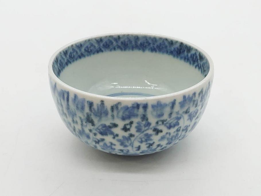江戸期　染付　微塵唐草　松竹梅　三つ重ね　繊細に描かれた絵柄が素敵な酒杯3客セット(三ツ重、おちょこ、お猪口、ぐい呑み、湯のみ、湯呑み、盃、酒器、和食器)(R-083087)