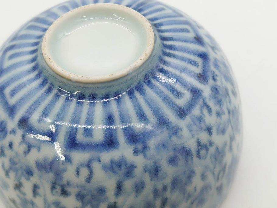 江戸期　染付　微塵唐草　松竹梅　三つ重ね　繊細に描かれた絵柄が素敵な酒杯3客セット(三ツ重、おちょこ、お猪口、ぐい呑み、湯のみ、湯呑み、盃、酒器、和食器)(R-083087)