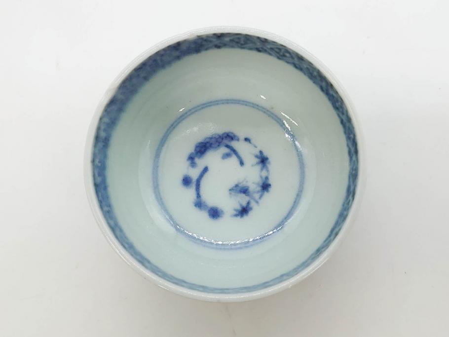 江戸期　染付　微塵唐草　松竹梅　三つ重ね　繊細に描かれた絵柄が素敵な酒杯3客セット(三ツ重、おちょこ、お猪口、ぐい呑み、湯のみ、湯呑み、盃、酒器、和食器)(R-083087)