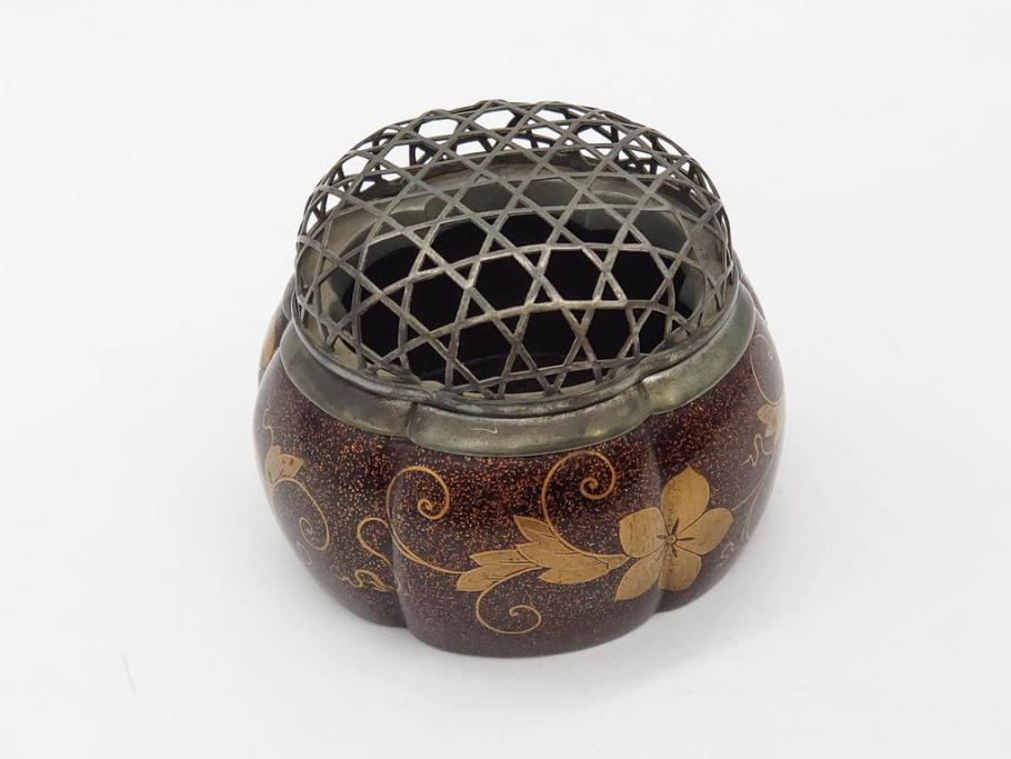 時代物　大名道具　金蒔絵　梨地　阿古陀　香炉(花唐草、籠目火屋、木製、漆器、漆芸、仏具、茶道具、木箱付き)(R-083127)