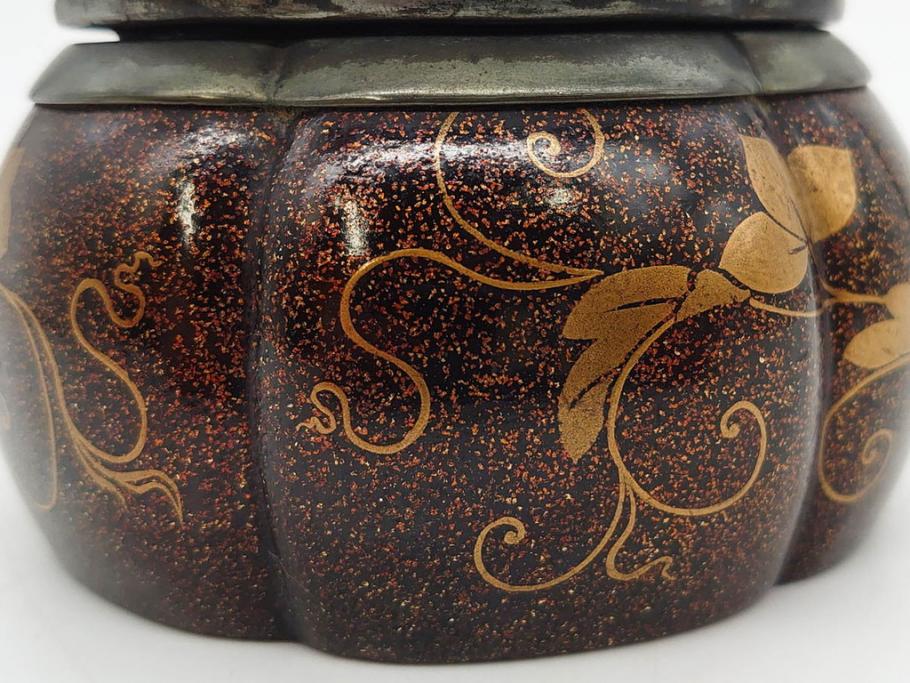 時代物　大名道具　金蒔絵　梨地　阿古陀　香炉(花唐草、籠目火屋、木製、漆器、漆芸、仏具、茶道具、木箱付き)(R-083127)