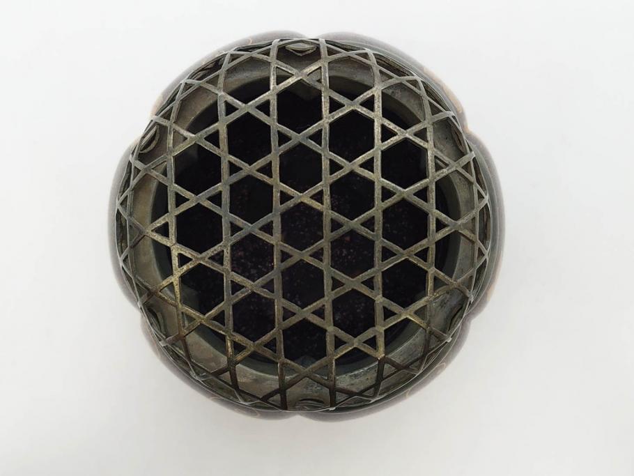時代物　大名道具　金蒔絵　梨地　阿古陀　香炉(花唐草、籠目火屋、木製、漆器、漆芸、仏具、茶道具、木箱付き)(R-083127)