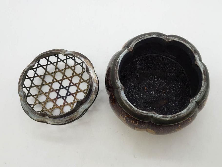 時代物　大名道具　金蒔絵　梨地　阿古陀　香炉(花唐草、籠目火屋、木製、漆器、漆芸、仏具、茶道具、木箱付き)(R-083127)