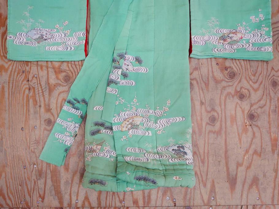 大正〜昭和初期　縮緬(ちりめん)　松竹梅　鶴　扇子　子供着物　振袖(子ども、古布、リメイク、衣装、Japanese KIMONO)(R-076755)