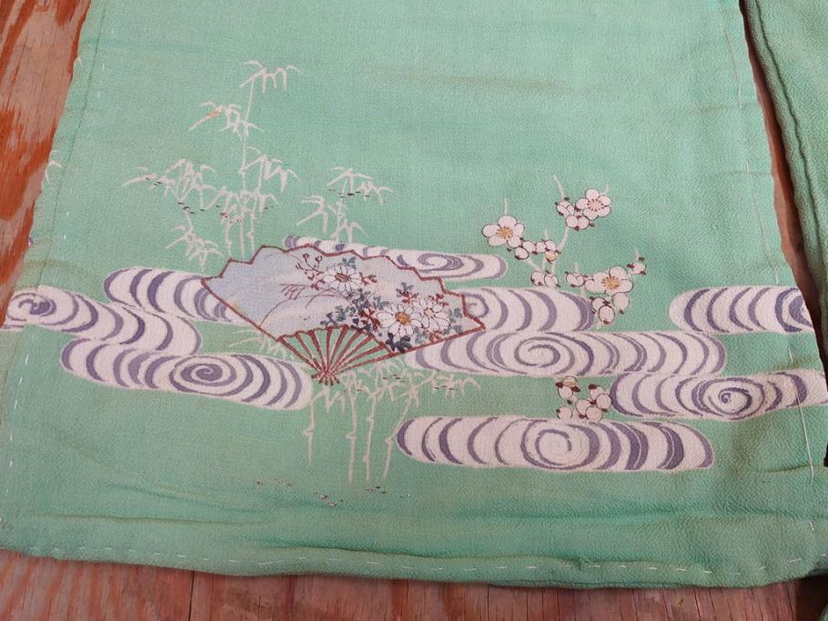 大正〜昭和初期　縮緬(ちりめん)　松竹梅　鶴　扇子　子供着物　振袖(子ども、古布、リメイク、衣装、Japanese KIMONO)(R-076755)