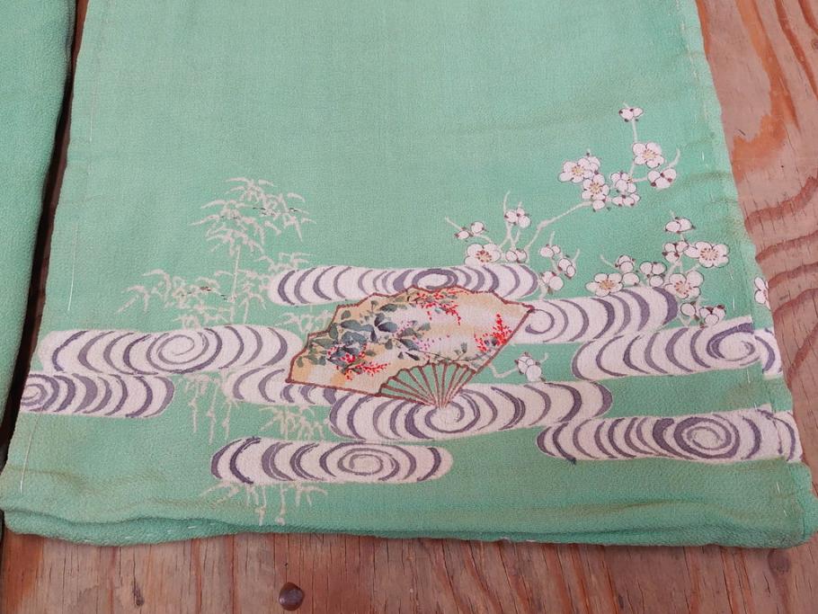 大正〜昭和初期　縮緬(ちりめん)　松竹梅　鶴　扇子　子供着物　振袖(子ども、古布、リメイク、衣装、Japanese KIMONO)(R-076755)