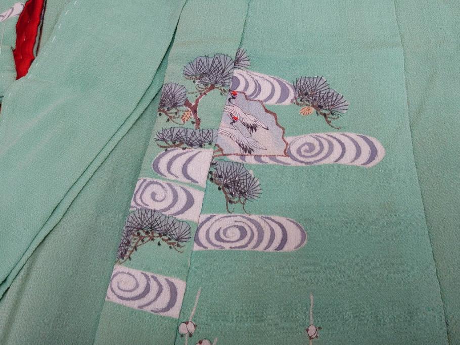 大正〜昭和初期　縮緬(ちりめん)　松竹梅　鶴　扇子　子供着物　振袖(子ども、古布、リメイク、衣装、Japanese KIMONO)(R-076755)
