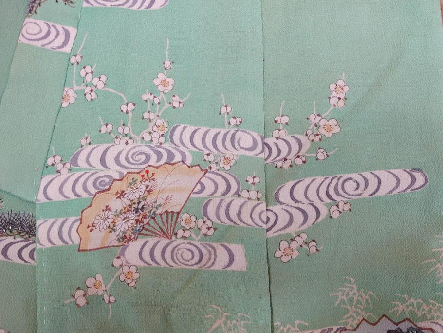 大正〜昭和初期　縮緬(ちりめん)　松竹梅　鶴　扇子　子供着物　振袖(子ども、古布、リメイク、衣装、Japanese KIMONO)(R-076755)