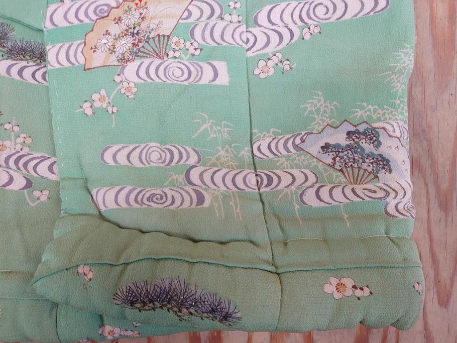 大正〜昭和初期　縮緬(ちりめん)　松竹梅　鶴　扇子　子供着物　振袖(子ども、古布、リメイク、衣装、Japanese KIMONO)(R-076755)