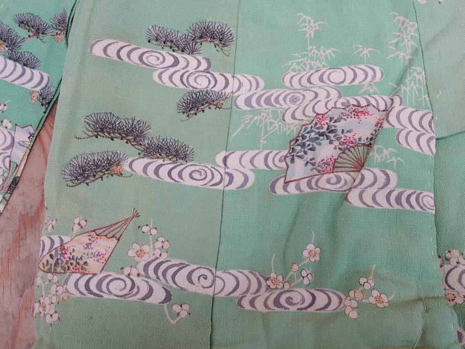 大正〜昭和初期　縮緬(ちりめん)　松竹梅　鶴　扇子　子供着物　振袖(子ども、古布、リメイク、衣装、Japanese KIMONO)(R-076755)